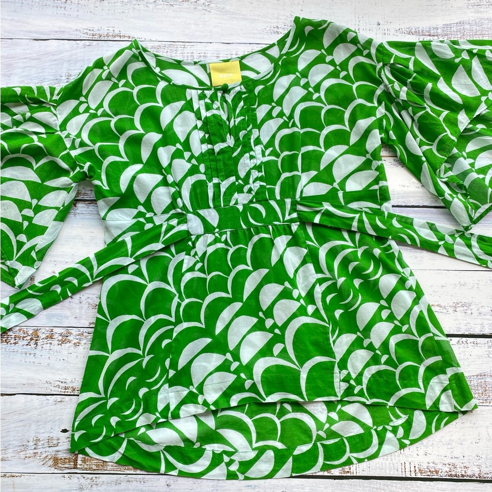 Anthropologie Maeve Geometric Top Print Blouse Green White 100% Cotton Womens 4